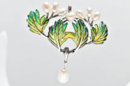 A PLIQUE A JOUR AND CULTURED PEARL BROOCH, designed as a series of green and yellow enamel feathers,