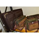 A BOX AND LOOSE CLOTHING, LUGGAGE AND A RUG, to include a large dark brown Skyflite suitcase,