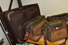 A BOX AND LOOSE CLOTHING, LUGGAGE AND A RUG, to include a large dark brown Skyflite suitcase,