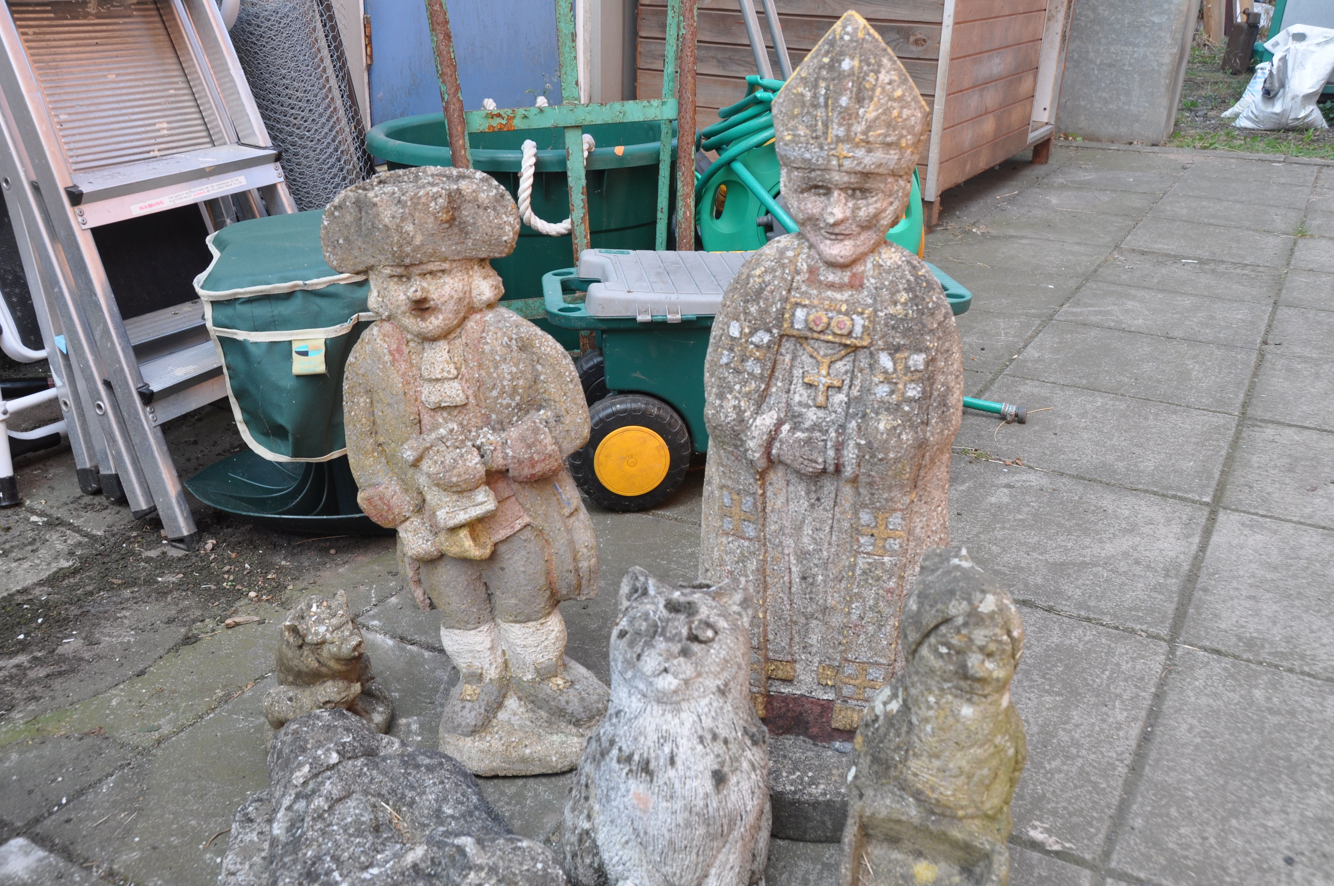 A SELECTION OF EIGHT COMPOSITE GARDEN FIGURES including a Bishop height 65cm, a town crier height - Image 3 of 3