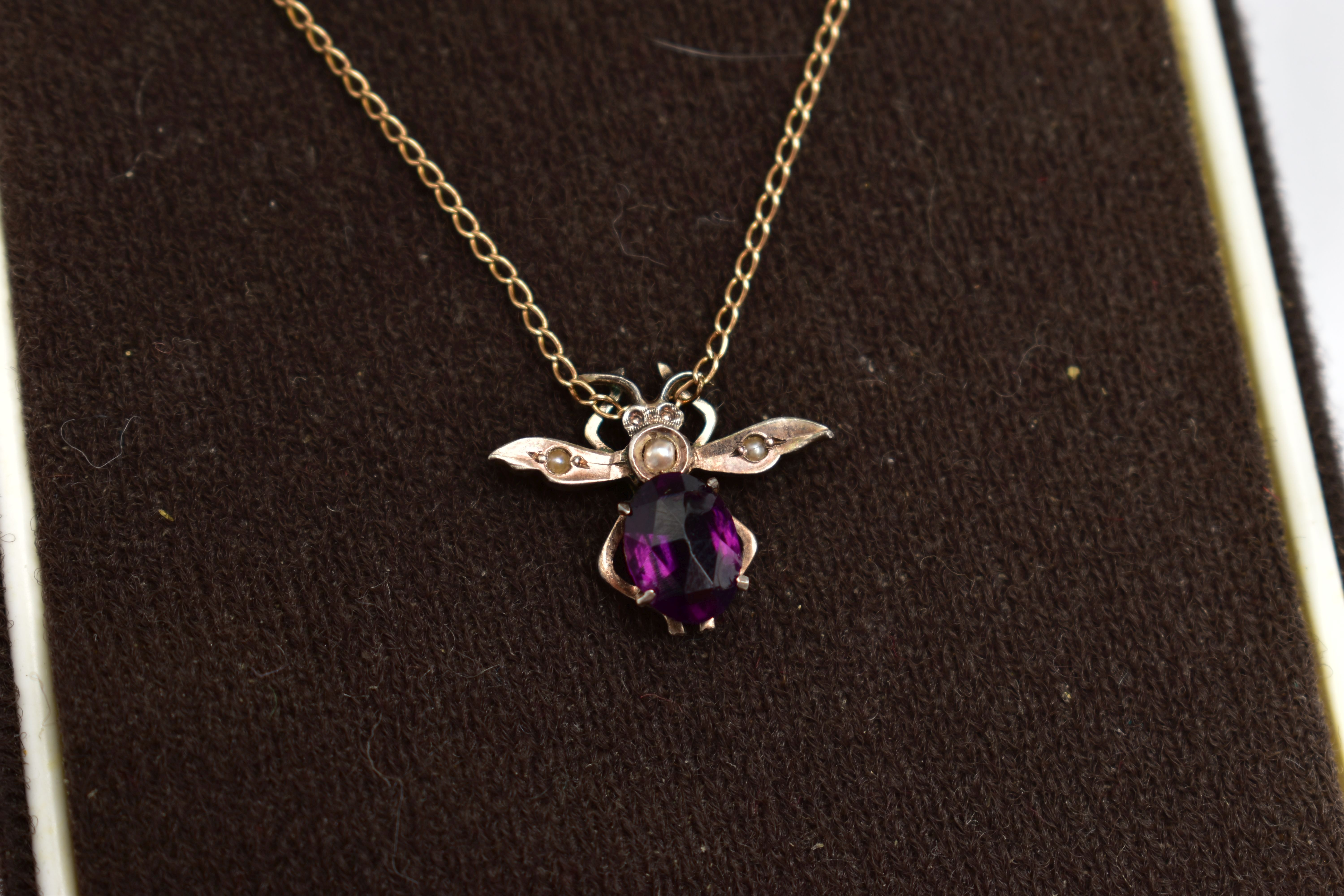 A 9CT YELLOW GOLD SAPPHIRE AND DIAMOND NECKLACE AND EARRING SET, TOGETHER WITH A PASTE BUG PENDANT - Image 3 of 3