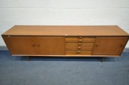 A MID CENTURY TEAK SIDEBOARD, with two cupboard doors, five graduated drawers, top drawer with