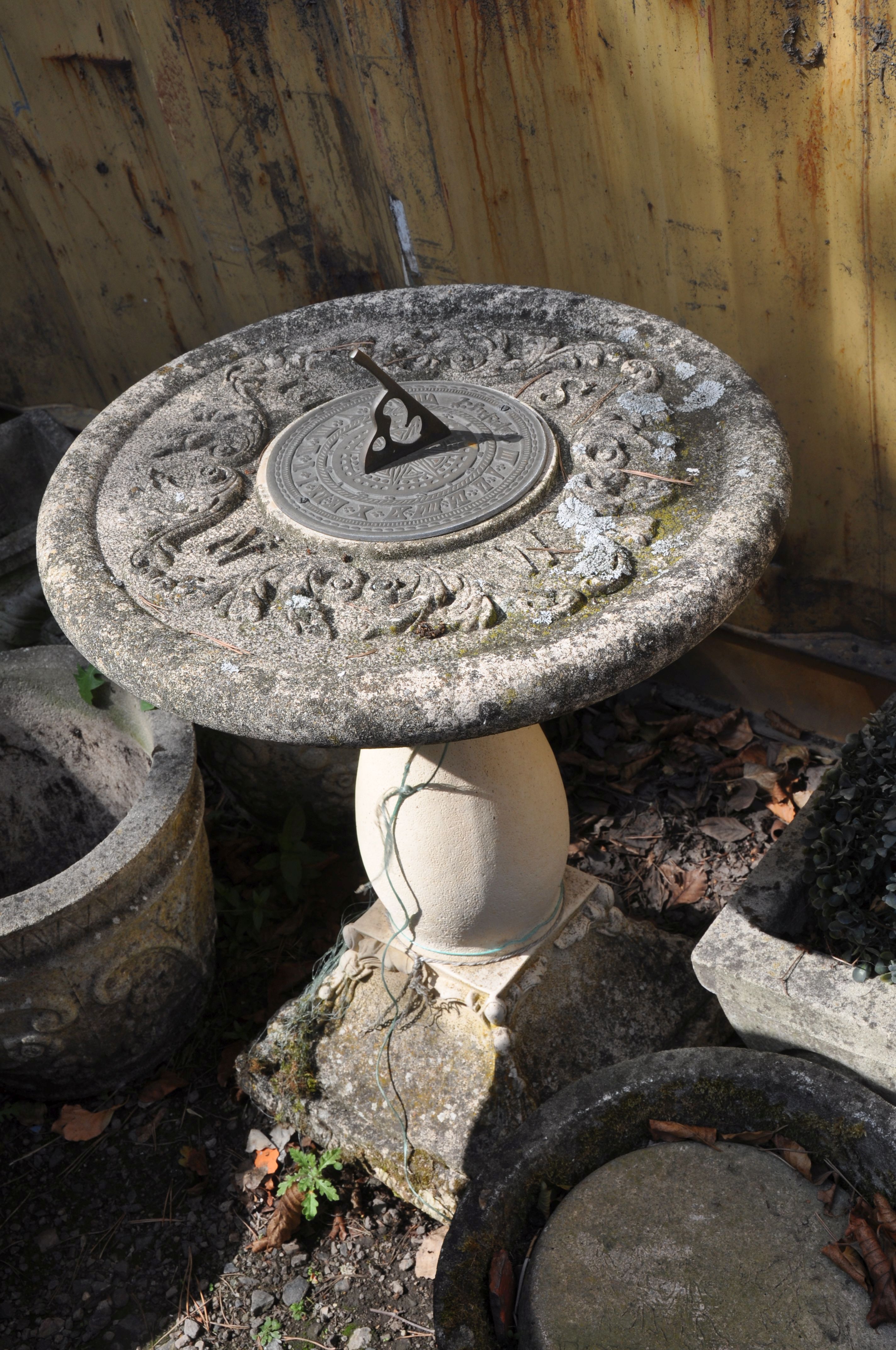A MODERN COMPOSITE SUN DIAL with a detail square section foot baluster stem and a separate