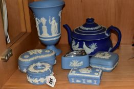 SEVEN PIECES OF WEDGWOOD JASPERWARES, comprising a mid blue dip teapot with applied doves, a pale