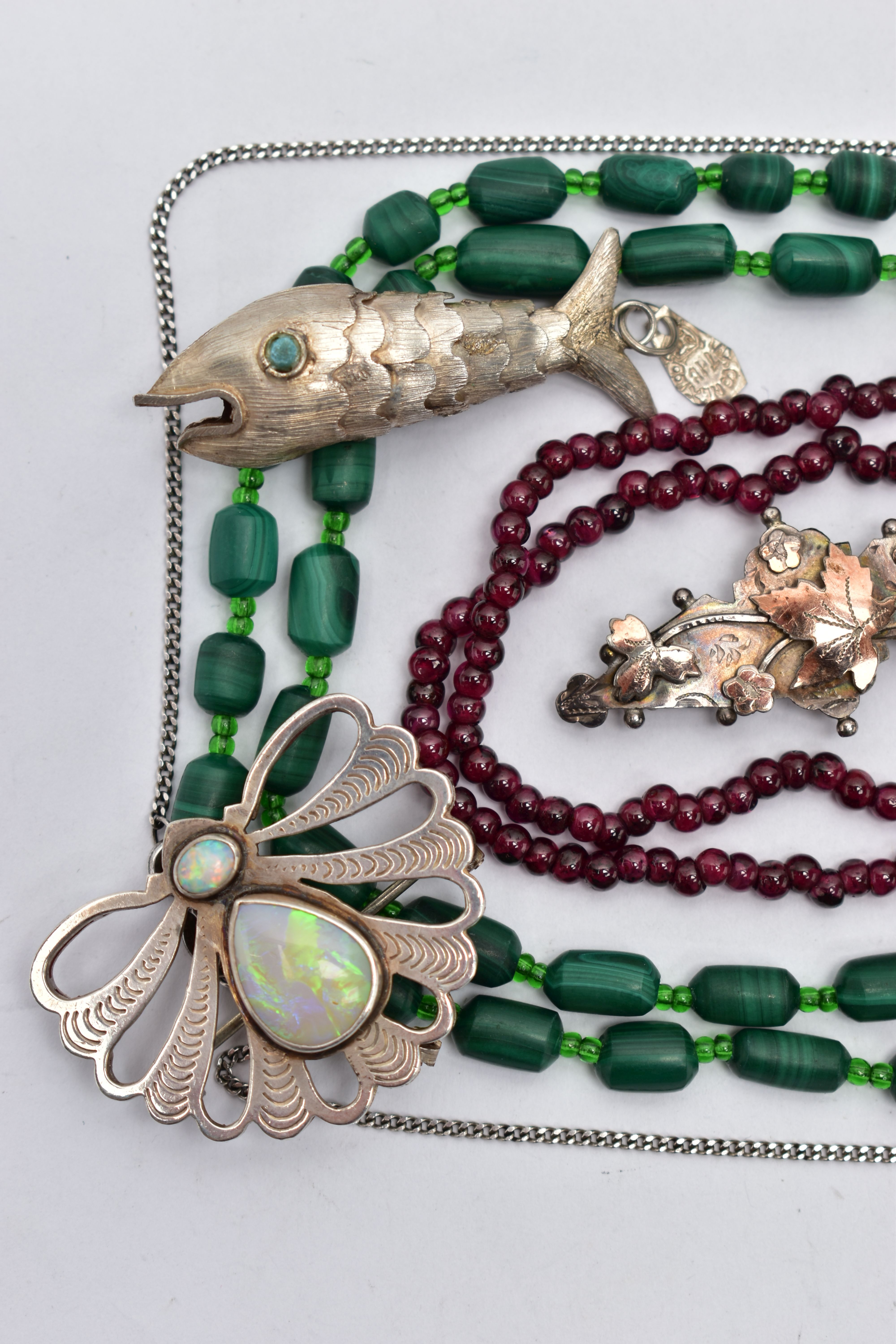 A SELECTION OF WHITE METAL AND GEMSTONE BEAD JEWELLERY, to include a Victorian gold and silver - Image 2 of 3