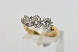 AN 18CT GOLD DIAMOND THREE STONE RING, comprising three graduated brilliant cut diamonds,