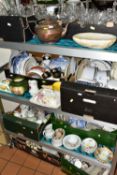 EIGHT BOXES AND LOOSE CERAMICS, GLASS AND SUNDRY ITEMS, to include a nineteenth century hot water