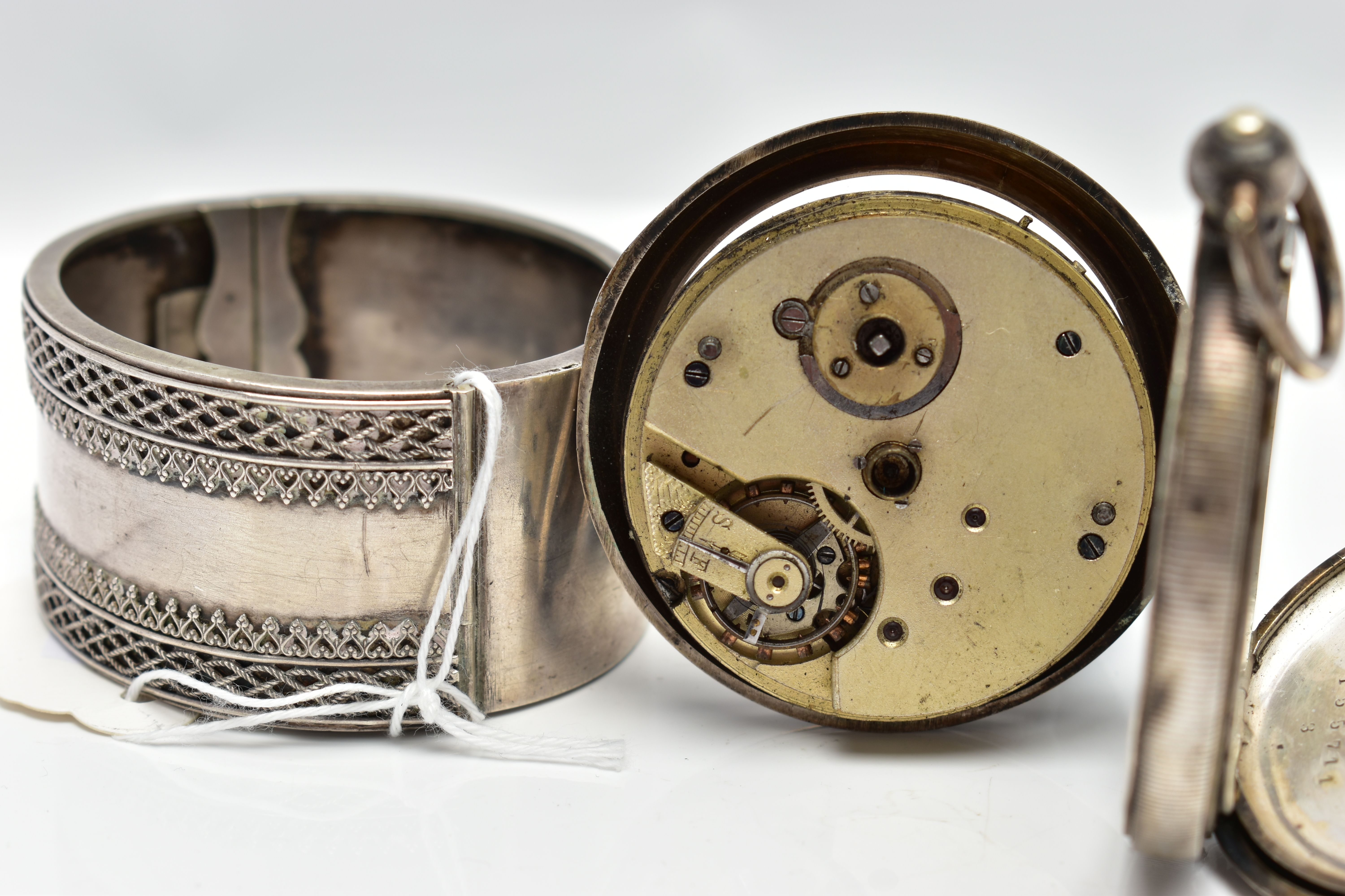 A SILVER POCKET WATCH AND WHITE METAL BANGLE, the first a silver open face pocket watch, the white - Image 4 of 4