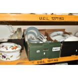 FOUR BOXES AND LOOSE CERAMICS, to include a forty four piece Royal Doulton 'Rose Elegans' TC1010