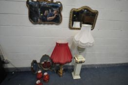 A GILT TABLE LAMP, a cream finish floral table lamp and matching Corinthian column, a brass table