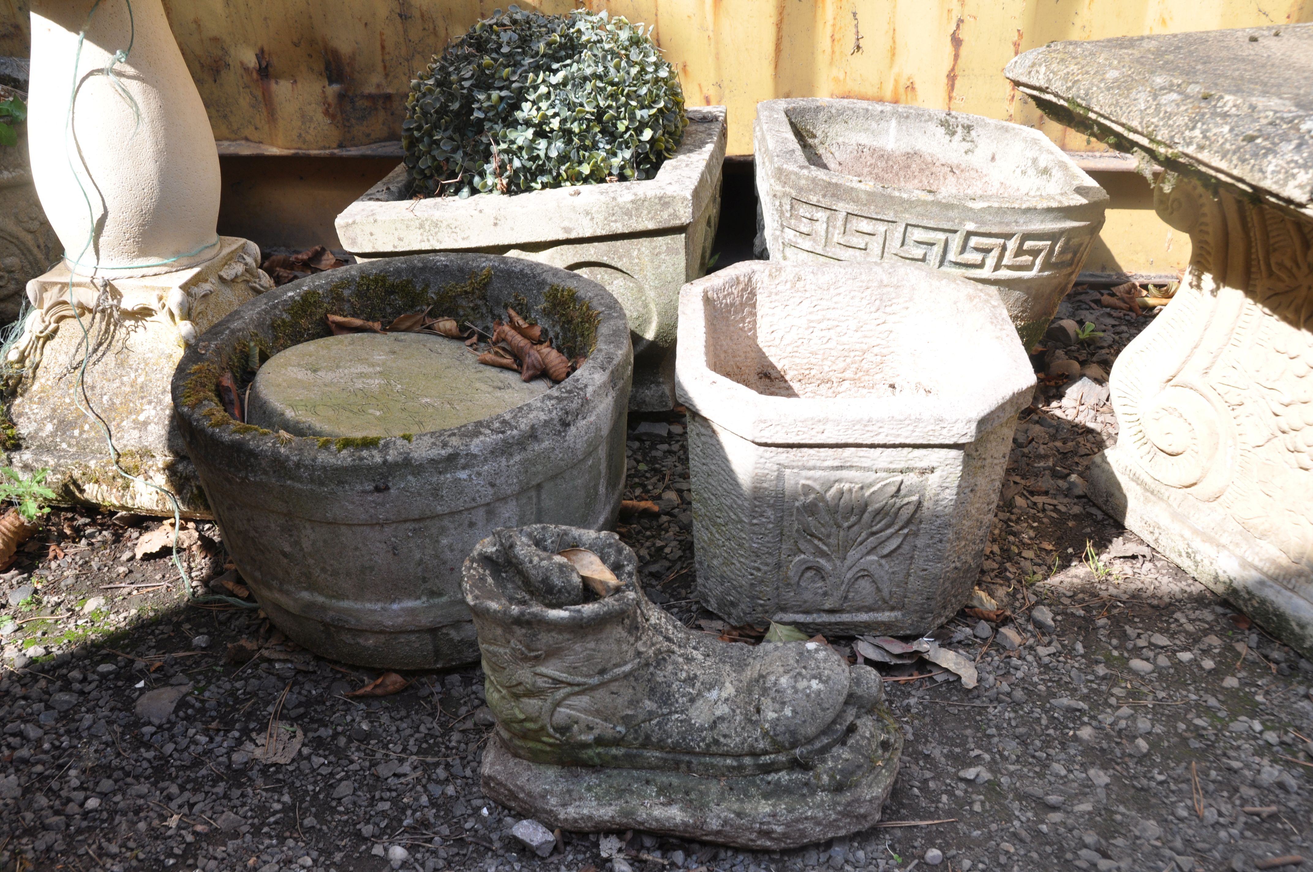 FOUR MODERN COMPOSITE GARDEN PLANTERS and a boot ornament, the largest planter being a baluster - Image 2 of 2