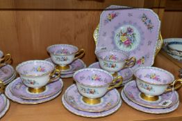 A THIRTY FIVE PIECE SHELLEY CROCHET PATTERN PART TEA SET, with lilac ground and gilt handles,
