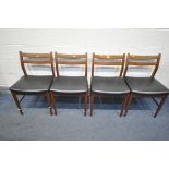 A SET OF FOUR MCINTOSH STYLE TEAK DINING CHAIRS, with black leatherette upholstery (condition - some