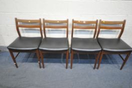 A SET OF FOUR MCINTOSH STYLE TEAK DINING CHAIRS, with black leatherette upholstery (condition - some