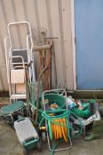 TWO SETS OF ALUMINIUM STEPS, a steel set of ladders, a hose reel, sack truck, step toolbox, and a