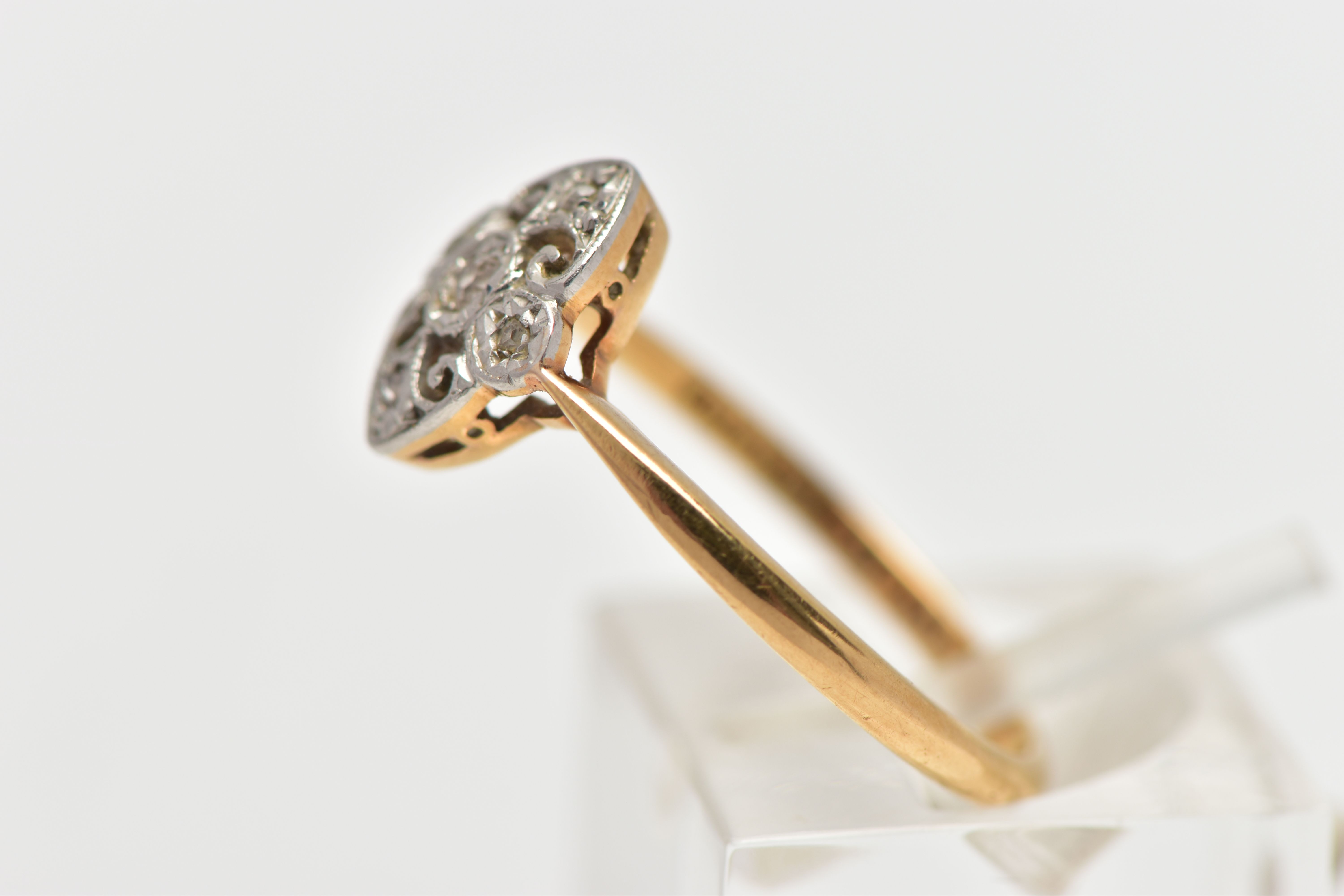 A YELLOW AND WHITE METAL DIAMOND DRESS RING, of openwork design the old and rose cut diamond panel - Image 2 of 4