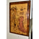 AN EARLY 20TH CENTURY POKER-WORK /PYROGRAPHY PICTURE DEPICTING A MEDIEVAL COUPLE WITH ATTENDANTS AND