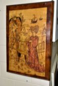 AN EARLY 20TH CENTURY POKER-WORK /PYROGRAPHY PICTURE DEPICTING A MEDIEVAL COUPLE WITH ATTENDANTS AND