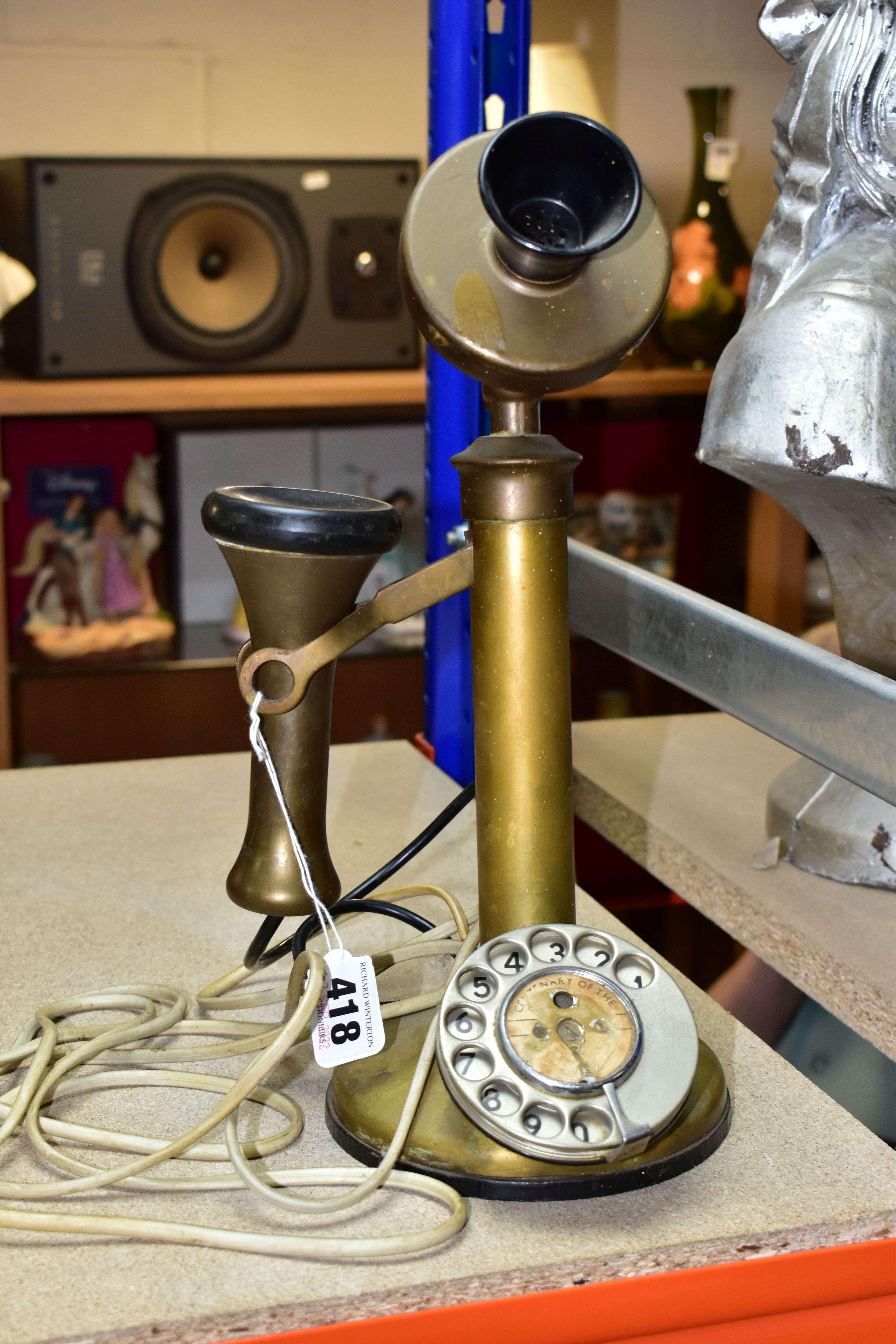 A BRASS VINTAGE STYLE CANDLESTICK TELEPHONE, plug in BT phone- BT-QC-BS 222 , 84/1 on base, (not