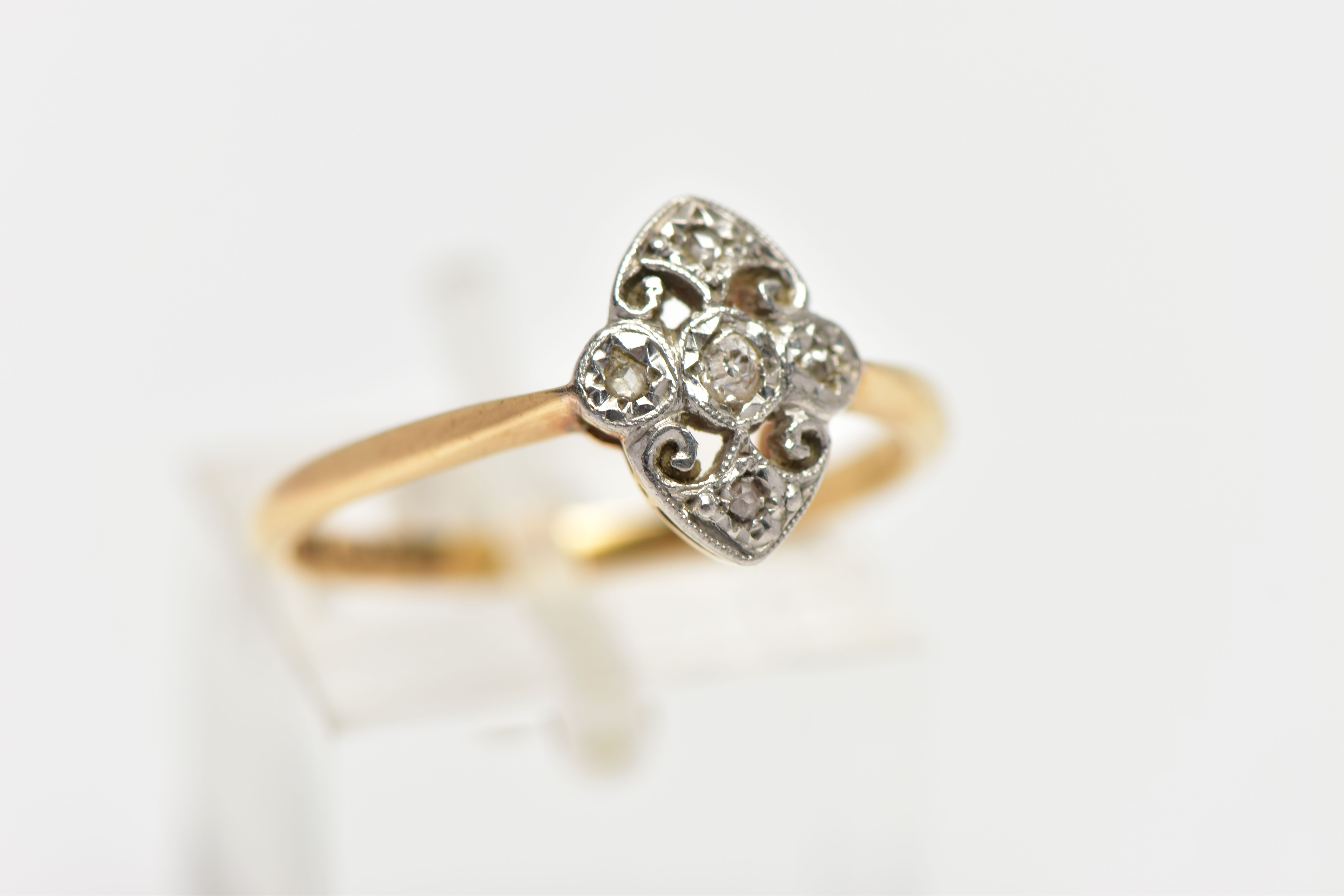 A YELLOW AND WHITE METAL DIAMOND DRESS RING, of openwork design the old and rose cut diamond panel - Image 4 of 4
