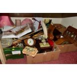 SIX BOXES OF TREEN AND ASSORTED SUNDRIES, to include a mid-century Metamec teak eight day movement