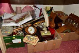 SIX BOXES OF TREEN AND ASSORTED SUNDRIES, to include a mid-century Metamec teak eight day movement