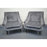 A PAIR OF NATIVE HOME AND LIFESTYLE GREY VELVET ARMCHAIR, on cylindrical legs, width 75cm x depth