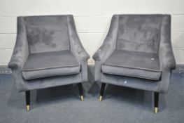 A PAIR OF NATIVE HOME AND LIFESTYLE GREY VELVET ARMCHAIR, on cylindrical legs, width 75cm x depth