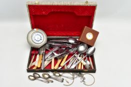 A BOX OF SILVER TEASPOONS AND ASSORTED ITEMS, to include a set of six silver Hanoverian teaspoons,