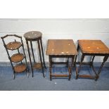 A 20TH CENTURY OAK SQUARE OCCASIONAL TABLE, with barley twist supports, united by stretchers, 50cm