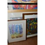 THREE MODERN ABSTRACT PAINTINGS AND A RICK J. DELANTY PRINT 'ETERNAL SPRING', 95cm x 65cm, s.d., the
