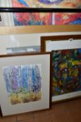 THREE MODERN ABSTRACT PAINTINGS AND A RICK J. DELANTY PRINT 'ETERNAL SPRING', 95cm x 65cm, s.d., the