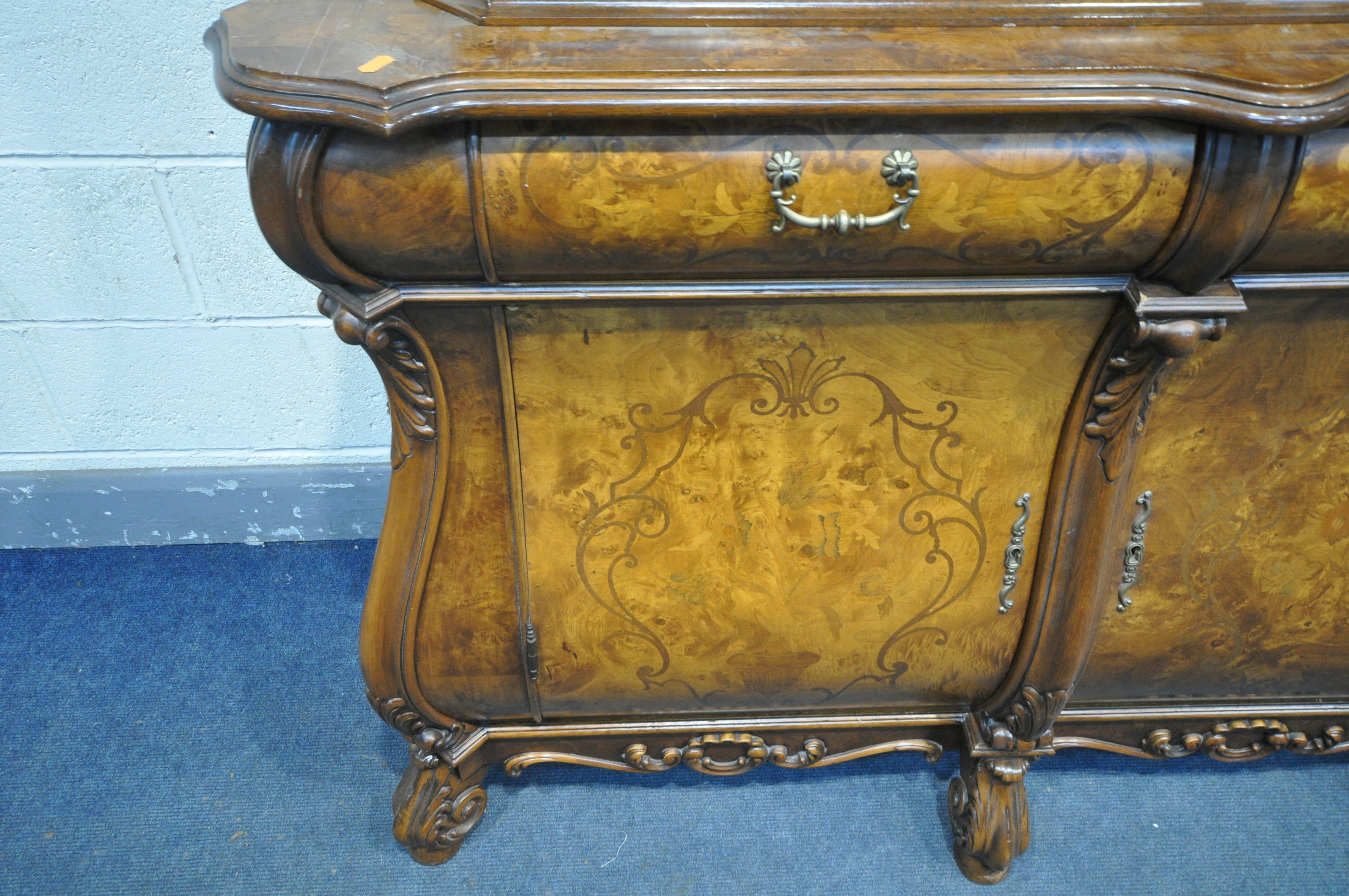 A REPRODUCTION BURR WALNUT DUTCH BOMBE DISPLAY CABINET, the top depicting foliate scrolls, three - Image 3 of 4