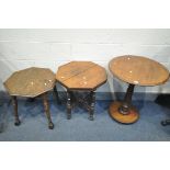A 19TH CENTURY CIRCULAR CENTRE TABLE, on a turned support, diameter 60cm x height 72cm, two sized