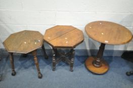 A 19TH CENTURY CIRCULAR CENTRE TABLE, on a turned support, diameter 60cm x height 72cm, two sized