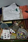 ONE BOX OF HABERDASHERY to include assorted vintage diamanté buckles, dress ornaments and costume