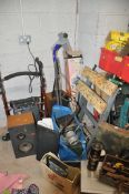 A LARGE QUANTITY OF MISCELLANEOUS to include wallpaper steamer, sweeper, tin trunk, extension