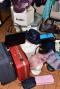 TWO BOXES OF HANDBAGS, HATS & BOXES TOGETHER WITH TWO SUITCASES, to include a small red Antler