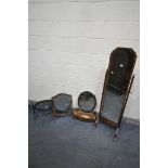 AN EDWARDIAN MAHOGANY CHEVAL MIRROR, (condition:-loose frame stretcher) an oval dressing mirror with
