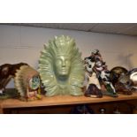 A GROUP OF NATIVE AMERICAN THEMED ORNAMENTS, eight pieces to include a large ceramic green lustre