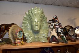 A GROUP OF NATIVE AMERICAN THEMED ORNAMENTS, eight pieces to include a large ceramic green lustre