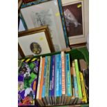 TWO BOXES OF BOOKS AND HOUSEHOLD SUNDRIES, to include four framed prints, 1970s children's