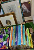 TWO BOXES OF BOOKS AND HOUSEHOLD SUNDRIES, to include four framed prints, 1970s children's