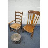 TWO 19TH CENTURY ROCKING CHAIRS, to include a rush seated ladder back rush seated armchair, and an