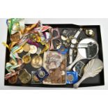 A BOX OF ASSORTED ITEMS, to include a selection of sporting medals, whit metal vanity tools, a