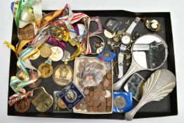 A BOX OF ASSORTED ITEMS, to include a selection of sporting medals, whit metal vanity tools, a