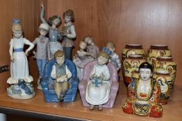 A LLADRO FIGURE GROUP, NAO FIGURINES AND JAPANESE SATSUMA PORCELAIN, to include a Lladro 'Folk