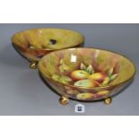 TWO HAND-PAINTED COALPORT FOOTED BOWLS, painted with apples, blackberries and pears, signed F Irving