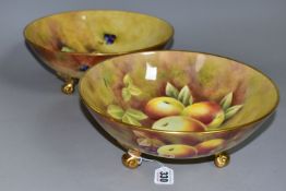 TWO HAND-PAINTED COALPORT FOOTED BOWLS, painted with apples, blackberries and pears, signed F Irving