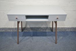 A NATIVE HOME AND LIFESTYLE LIGHT GREY DRESSING TABLE/DESK, with two drawers, on rose gold legs,